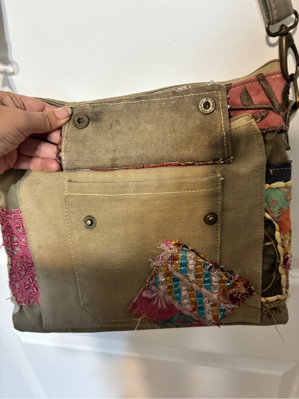 Vintage Addiction Recycled Military Tent Patchwork Crossbody Bag Boho - Picture 12 of 16